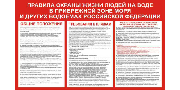 Стенд "Правила охраны людей на воде в прибрежной зоне моря и других водоемах РФ"