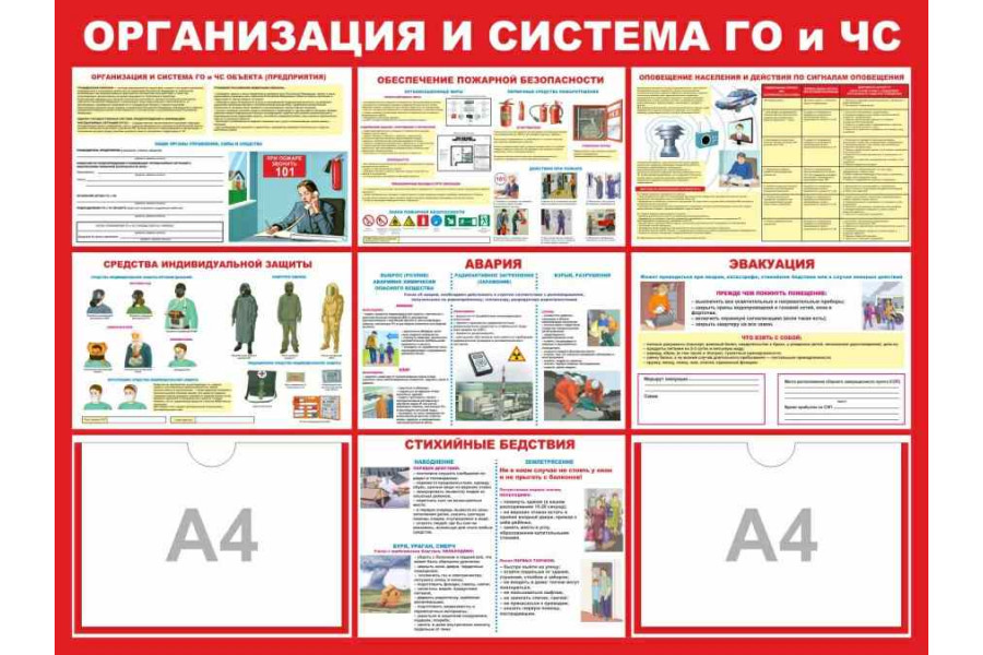 Стенд "Организация и система ГО и ЧС" с карманами